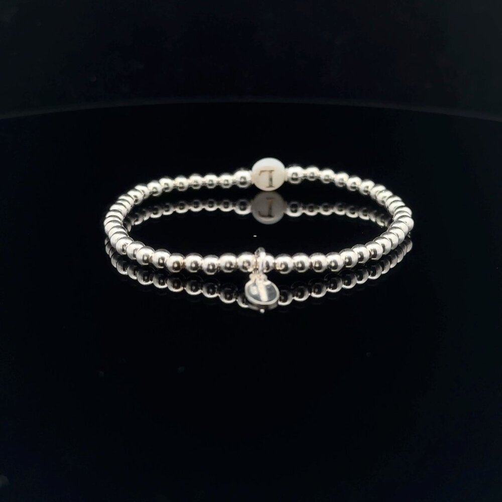925 Sterling Silver Beaded Stretch Stacking Bracelet MOP Letter Initial L - Picture 5 of 6